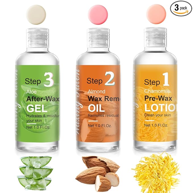 Mini Pre Wax Spray and After Wax Spray, Triple-bottle Set After Wax Care with Pre Wax Cleanser, Wax Remover Oil and Skin Soother Organic Aloe Vera Gel for Sensitive Skin