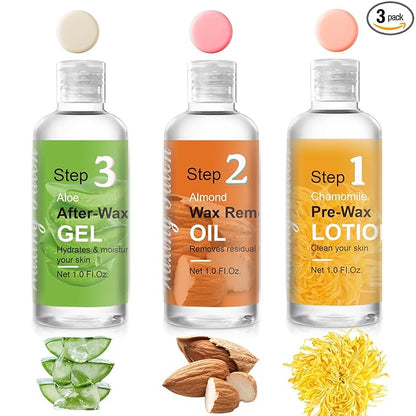 Mini Pre Wax Spray and After Wax Spray, Triple-bottle Set After Wax Care with Pre Wax Cleanser, Wax Remover Oil and Skin Soother Organic Aloe Vera Gel for Sensitive Skin