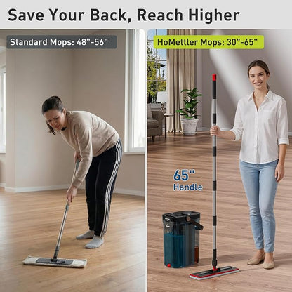 HoMettler Transparent Mop and Bucket Set with Separate Dirty & Clean Water, 65" Flat Mop for Floor Cleaning, 4 Machine Washable Microfiber Pads for Wood Tile-Black
