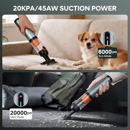 7-in-1 Aluminum Alloy Wireless Car Vacuum Cleaner, 20kPa Strong Suction Handheld Vacuum, Portable with Smart Digital Display, 2 Suction Modes for Car, Desk, Keyboard and Small Spaces（Cyan）