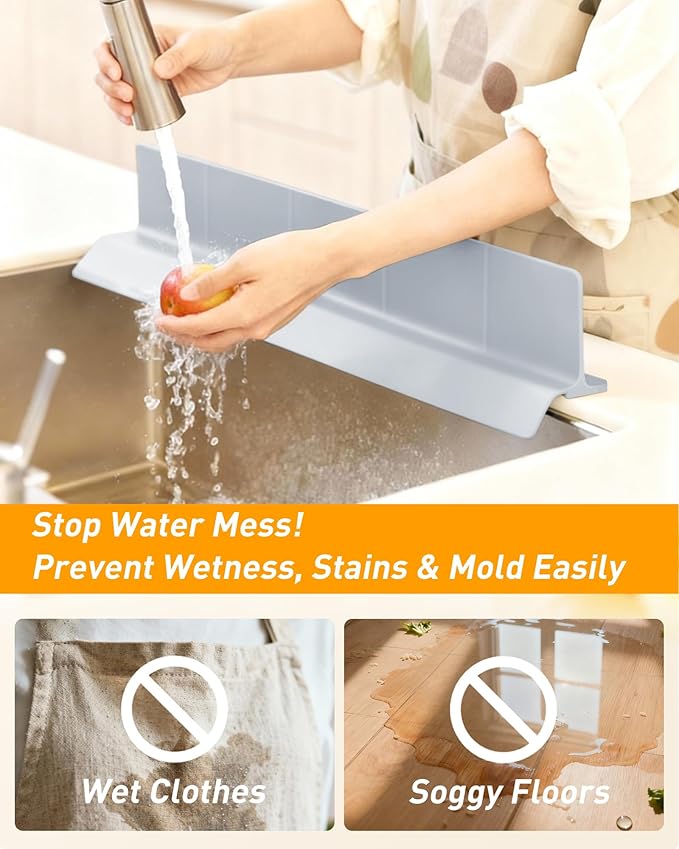 Kitchen Sink Splash Guard 30" 23" 18" Silicone Water Guard with Suction Cups, Faucet & Countertop Protector, Bathroom & Sink Edge Splash Guard Strip, Easy Install, Dishwasher Safe-Grey