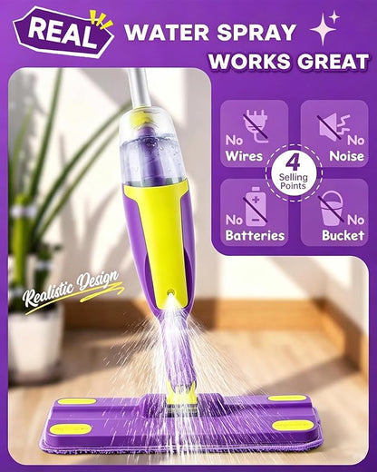Kids Spray Mop Toddler Cleaning Set with Realistic Spray Bottle, 2 Washable Pads and Scraper, Pretend Play Housekeeping Toy for Boys Girls Age 1-3