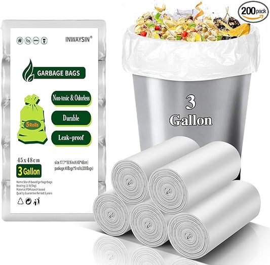 3 Gallon Biodegradable Trash Bags - 5 Rolls 200 Counts Compostable Small Garbage Bag for Bathroom Can Unscented Durable & Strong Thick Mini Bulk Waste Basket Liners Inwaysin