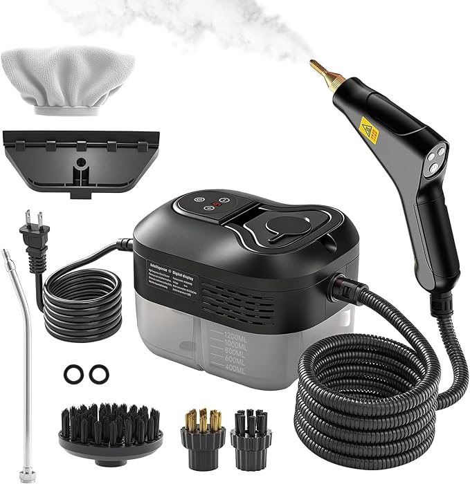 Pressurized Handheld Steam Cleaner, Portable Steamer for Cleaning with 1.2L Large Tank, 15s Fast Heat-Up, 6-Level Adjustable, Powerful Steam Cleaner for Home, Car, Kitchen, Tile, Grout(black)