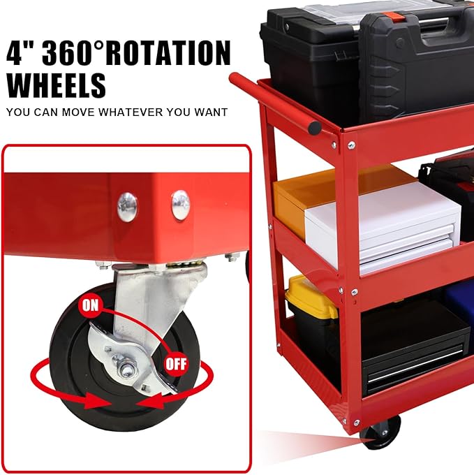 Torin APTC302B Steel Tool Service Push Cart with 3 Shelves and 200 lb Capacity, Red