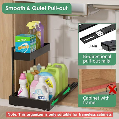 REALINN L-Shaped Under Sink Organizer with 6-Level Height Adjustment & Expandable Width, Pull-Out Cabinet Storage Rack with Quiet Sliding Rails for Kitchen, Bathroom, Laundry Room Cabinets, Black