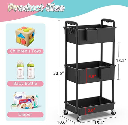 SUNALLY Baby Diaper Caddy Cart, 3 Tier Rolling Diaper Cart with Lockable Wheels for Nursery Essentials, Large Capacity & Easy Assemble Diaper Storage Organizer for Newborn,New Mom, Black