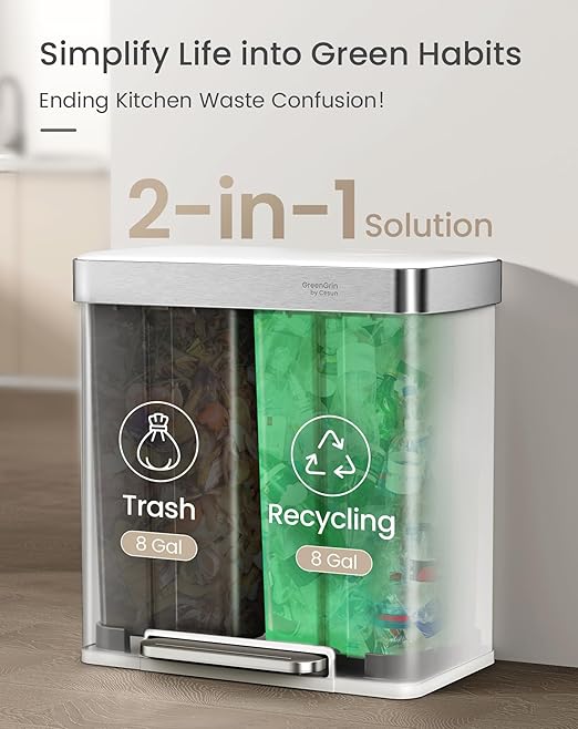 Cesun GreenGrin Kitchen Trash Can, 2x8 Gallon Dual Compartment Trash and Recycle Bin Combo, Double Stainless Steel Step Garbage Can with Lid, Recycling Push Flap,Removable Inner Buckets,30L+30L(White)
