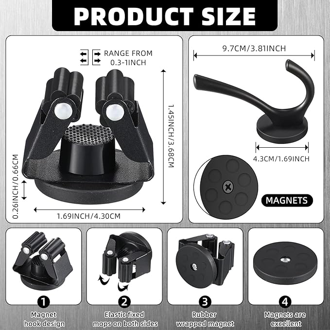 Vercraft 4 Pcs Magnetic Double Hooks Magnetic Coat Hooks Magnetic Mop Broom Holder Movable Magnetic Broom Holder Rack for Garage Kitchen Laundry Garden