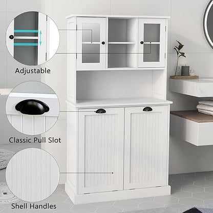 RASOO Tilt-Out Laundry Cabinet White Tall Bathroom Storage Cabinet Laundry Hamper with 2 Baskets and 3 Cabinets Upper Glass Doors Storage Cabinet