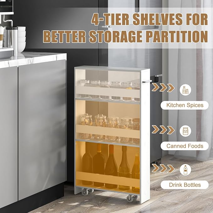 Giantex 4 Tier Rolling Slim Storage Cart, 5" Narrow Slide Out Kitchen Cart w/Handle & Open Shelves, Space-Saving Compact Mobile Utility Trolley for Small Space Laundry Room (White)