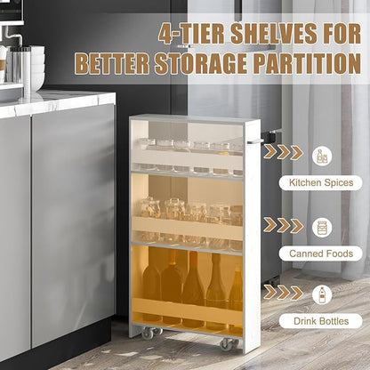 Giantex 4 Tier Rolling Slim Storage Cart, 5" Narrow Slide Out Kitchen Cart w/Handle & Open Shelves, Space-Saving Compact Mobile Utility Trolley for Small Space Laundry Room (White)