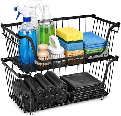 2 Pack Trash Bag Dispenser, Stackable Garbage Bag Holder Cleaning Supplies Organizer, Space-Saving Under Sink Organizer, Metal Wire Storage Basket for Laundry Room Kitchen Pantry Storage