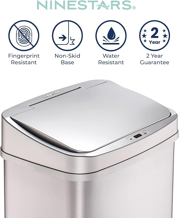 Ninestars 13 Gallon Automatic Trash Can, 50L Touchless Motion Sensor Garbage Can with Odor-Sealing Lid, Rectangular Stainless Steel, Silver Trim