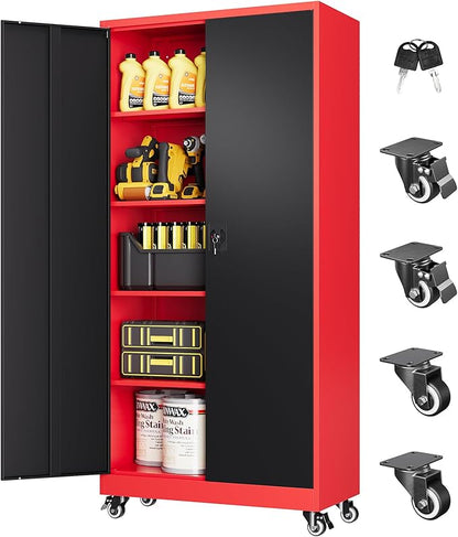 Metal Storage Cabinet with Wheels, Tall Garage Storage Cabinet with 4 Adjustable Shelves and 2 Doors, Lockable Tool Cabinet for Garage Home Office,Gym,School(Black-Red)
