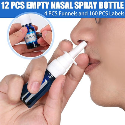20 Pcs Nasal Spray Bottle, 10ML/0.35OZ 12 Pcs Glass Bule Refillable Empty Nasal Spray Bottles with 4 Funnels and 4 Labels