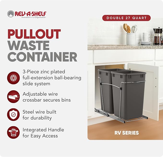 Rev-A-Shelf Double 27 Qt Pullout Trash Can for Base Kitchen Cabinets, Garbage Waste Bin System with Full Extension Slides, Min Opening Width of 11.5", Orion Gray, RV-15KD-13C-S