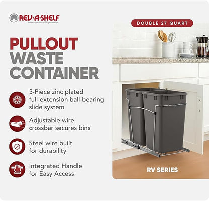 Rev-A-Shelf Double 27 Qt Pullout Trash Can for Base Kitchen Cabinets, Garbage Waste Bin System with Full Extension Slides, Min Opening Width of 11.5", Orion Gray, RV-15KD-13C-S