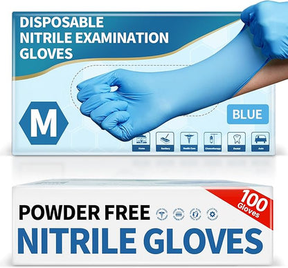 Medguy Medical Blue Nitrile Disposable Exam Gloves, 4.5 Mil 100 Pcs Powder-Free Latex-Free Food-Safe for Lab Cooking Cleaning
