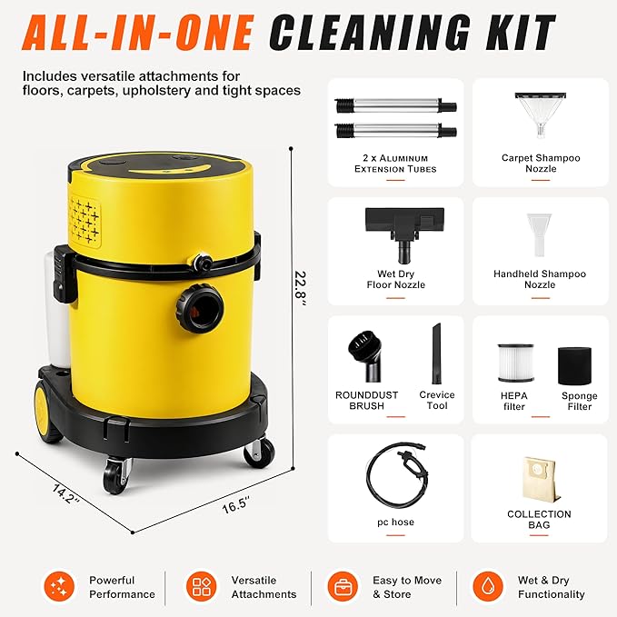 Shop Vacuum Wet and Dry Cleaner, 6 Gallon 5.5 Peak HP Wet Dry Vac, 5 in 1 Portable Shop Vacuum Wet and Dry with a Soap Tank, Filters, Dust Bag, Hose and Attachments for Home, Car, Garage, 208