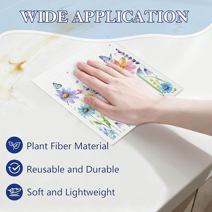 5 Pack Mixed Watercolor Flower Swedish Kitchen Dishcloths Dish Towels, Spring Floral Dish Towels for Kitchen, Swedish Dishcloth, Paper Towels Reusable, Dish Cloth Towel Cleaning Wipe for Home
