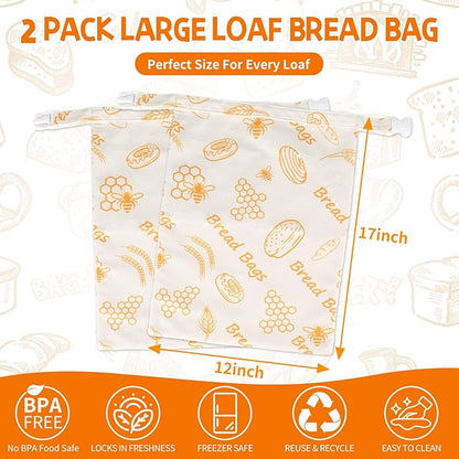 2-Pack Reusable Beeswax Bread Bags for Homemade Sourdough | XL 17x12 Inch Cotton Food Storage Bag Keeps Fresh Longer | Breathable Eco-Friendly Wrap for Boules & Loaves