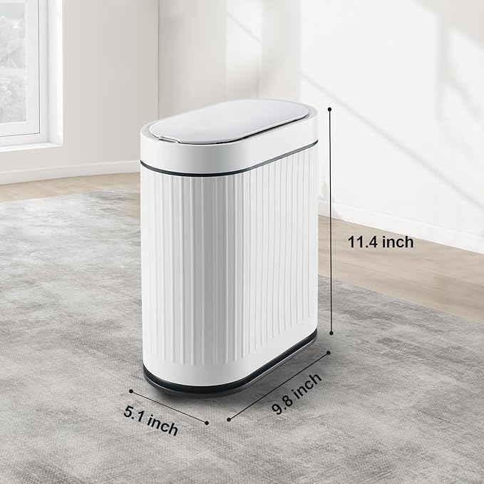 ELPHECO Bathroom Trash Can 2 Gallon Plastic Smart Garbage Can Waterproof Wastebasket Bathroom Decor Narrow Garbage Bin with Automatic lid for Bedroom, Kitchen, Office, White Black
