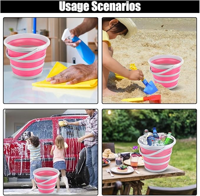 GLSOWEE Car Collapsible Bucket, 10L 2.6 Gallon Folding Bucket Auto Cleaning Plastic Water Bucket, Foldable Portable Bucket Space Saving for Indoor Outdoor Car Wash Garden Camping (Pink)