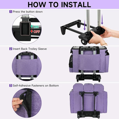 Large Rolling Cleaning Caddy Bag with Detachable Trolley,Cleaning Cart on Wheels with Shoulder Strap,Cleaning Supplies Organizer for Housekeepers,Purple