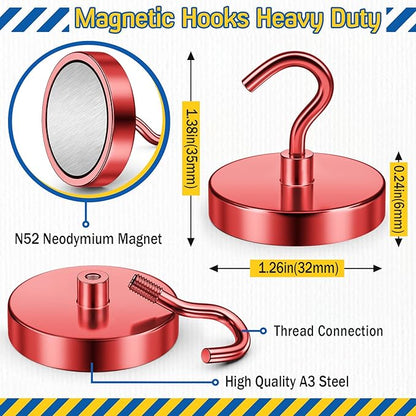 FINDMAG Magnetic Hooks for Cruise Cabins, 110lbs Magnetic Hooks for Hanging Heavy Duty, Cruise Ship Magnets for Grill, Classroom Organization, Strong Fridge Magnets, Office Supplies, 6 Pack, Red