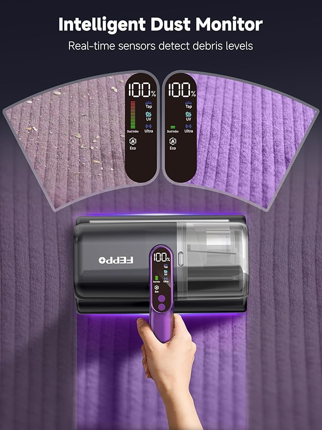 FEPPO Cordless Mattress Vacuum Cleaner, 18Kpa Bed Vacuum with 253.7nm UV-C Light, Ultrasonic, Dust Sensor & LED Display, 52800 BPM Handheld Vacuums for Bed, Sofa, Couch, Crib