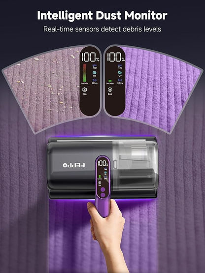 FEPPO Cordless Mattress Vacuum Cleaner, 18Kpa Bed Vacuum with 253.7nm UV-C Light, Ultrasonic, Dust Sensor & LED Display, 52800 BPM Handheld Vacuums for Bed, Sofa, Couch, Crib