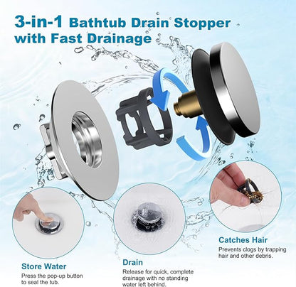 Hibbent 2 Pack 3 in 1 Metal Bathtub Drain Stopper, Universal Pop Up Tub Stopper with Removable Filter Basket, Anti-Clogging Bathtub Hair Catcher for 1.5''~2.4'' Drain, Brass Bullet Core, Chrome