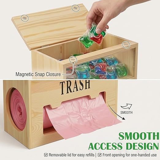 Wooden 2-in-1 Trash Bag Dispenser & Dishwasher Laundry Pods Container, Large Trash Bag Holder with Magnetic Flip Lids, Garbage Bag Dispenser for Kitchen Pantry Laundry Room Under Sink Organizer