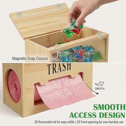 Wooden 2-in-1 Trash Bag Dispenser & Dishwasher Laundry Pods Container, Large Trash Bag Holder with Magnetic Flip Lids, Garbage Bag Dispenser for Kitchen Pantry Laundry Room Under Sink Organizer
