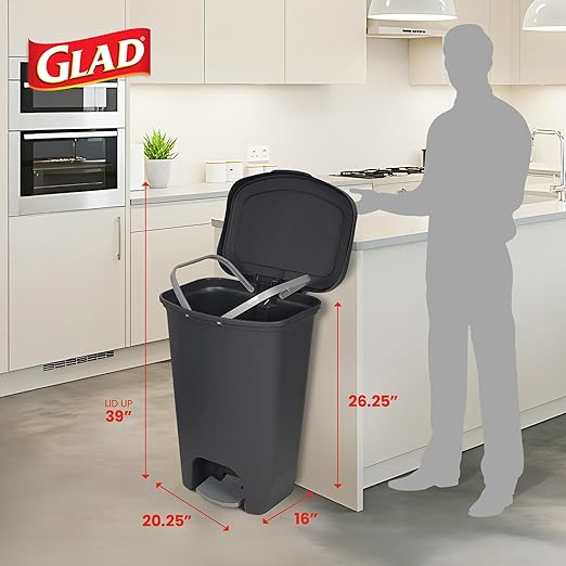 Glad 13 Gallon Trash Can with Clorox Odor Protection, 2 Pack | Plastic Kitchen Waste Bin | Hands Free with Step On Foot Pedal and Garbage Bag Rings, Charcoal