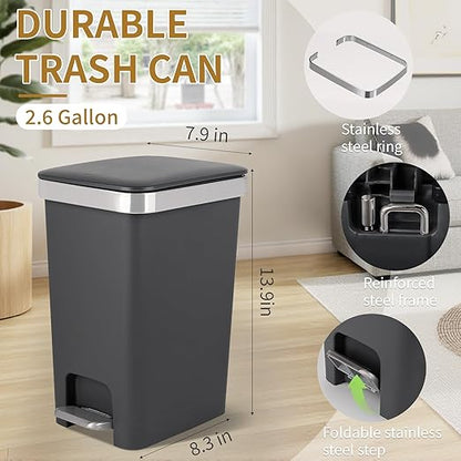 Small Bathroom Trash Can with Lid and 3 Rolls Trash Bags, Step Pedal Wastebasket Plastic Garbage Can with Pop-Up Lid 2.6 Gallon Bin for Kitchen, Bedroom, Office, Dorm, Laundry, Toilet, Rv,Dark Grey