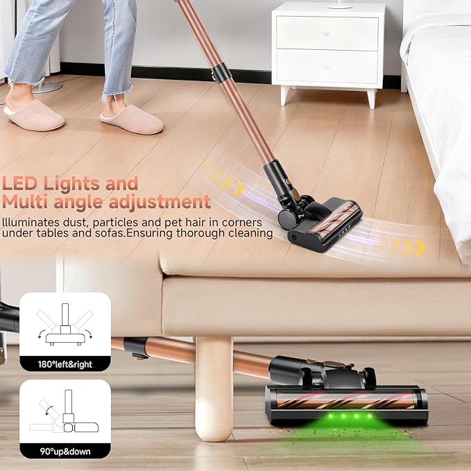 Cordless Stick Vacuum Cleaner - 45KPA Powerful Suction Vacuum with 45 Min Runtime, Detachable Battery, Anti-Tangle & 1.5L Dust Cup, 8 in 1 Vacuum Cleaner for Pet Hair, Carpet, HardFloor, Gold