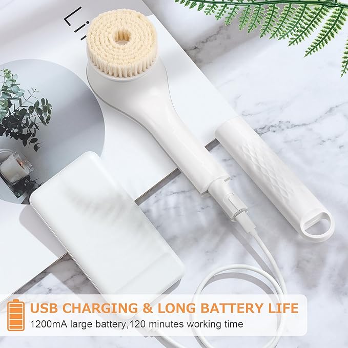 Electric Body Brush Rechargeable Back Scrubber for Shower Exfoliating Bath Brush Long Handle for Shower Lotion Applicator for Back Silicone Body Scrubber with 6 Shower Brush Heads