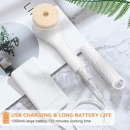 Electric Body Brush Rechargeable Back Scrubber for Shower Exfoliating Bath Brush Long Handle for Shower Lotion Applicator for Back Silicone Body Scrubber with 6 Shower Brush Heads