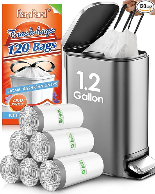 1.2 Gallon Mini Drawstring Trash Bags Garbage Bags, 120 Counts Small Strong Plastic Bags fit 4-5L Trash Can for Home Office Kitchen Bathroom Bedroom, White Waste Basket Liners