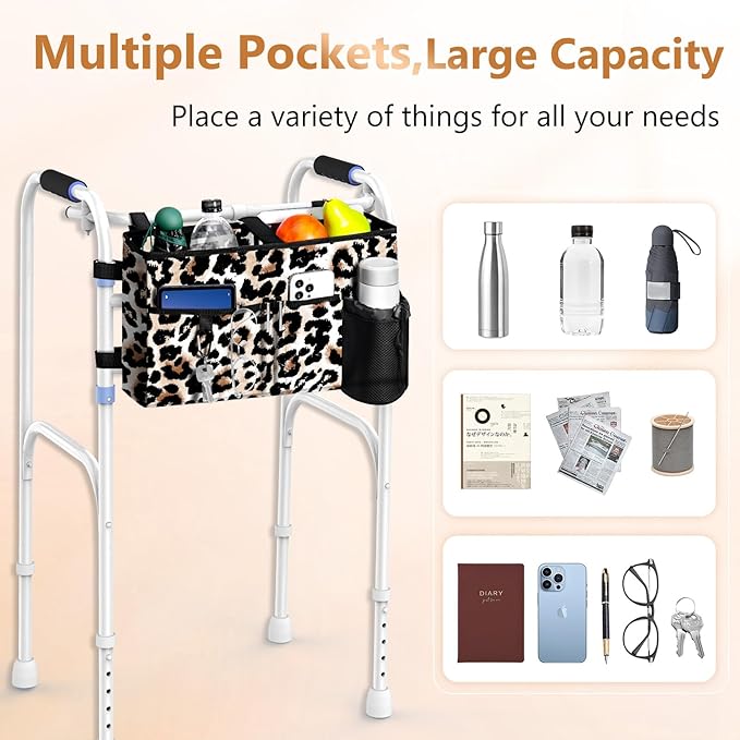 Rhino Valley Walker Bag, Secure Fit Walker Basket with Cup Holder, Large Capacity Walker Accessories for Seniors,Detachable Folding Walker Pouch Organizer for Older Elderly Gifts,Brown Leopard