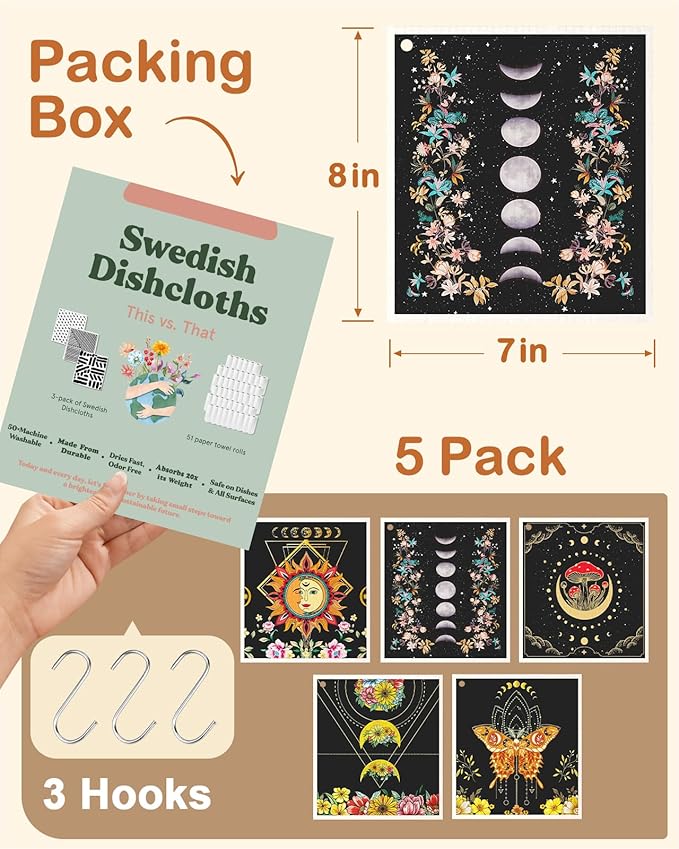 Miss Adola Swedish Dishcloths for Kitchen with Hooks - Reusable Dish Cloths for Washing Dishes Fast Drying Cute Fun 5 Pack Swedish Dish Towels Washable Cleaning Sponge, Sun Moon