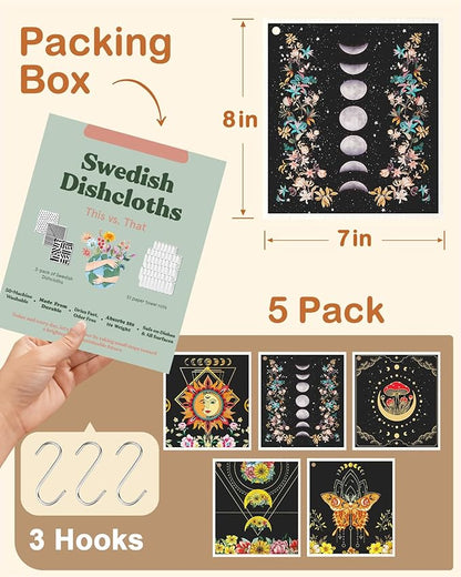 Miss Adola Swedish Dishcloths for Kitchen with Hooks - Reusable Dish Cloths for Washing Dishes Fast Drying Cute Fun 5 Pack Swedish Dish Towels Washable Cleaning Sponge, Sun Moon