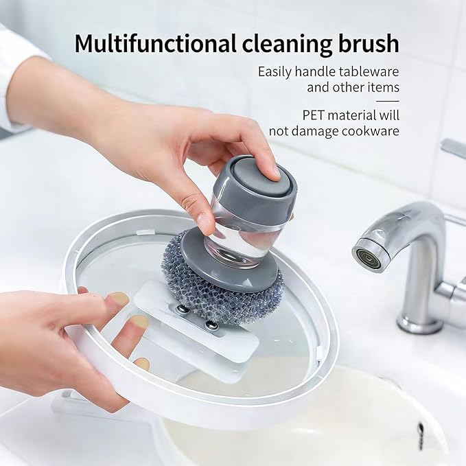 Comfort Grip Soap Dispensing Kitchen Scrub, Press-Type Dish Brush with Soap Dispenser, Replaceable Nylon Bristles, for Dishes Pots Pans Sinks Household Cleaning (2 Set)