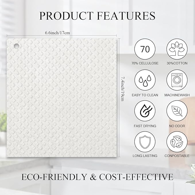 6 Packs Swedish Kitchen Dish Cloths - Reusable Paper Towels for Counters & Dishes - Eco-Friendly Cellulose Sponge Cloth - White