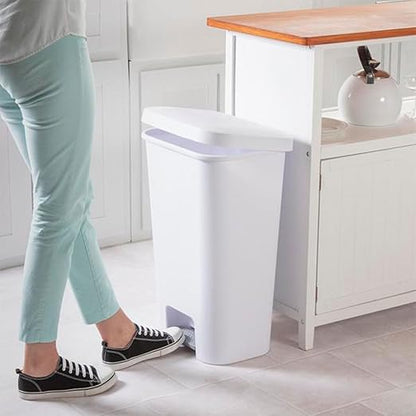 Sterilite 11.9 Gallon Rectangular Step On Kitchen Plastic Indoor Wastebasket with Wide Opening Lid and Comfort Handle for Home, White (16 Pack)