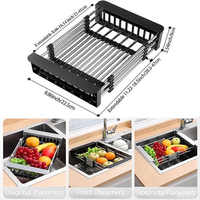 Dish Drying Rack, Adjustable Stainless Steel Drainer Basket Drain Tray for Dishes, Vegetables, and Fruit, On or in Sink Kitchen Basket (Black)