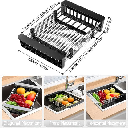 Dish Drying Rack, Adjustable Stainless Steel Drainer Basket Drain Tray for Dishes, Vegetables, and Fruit, On or in Sink Kitchen Basket (Black)