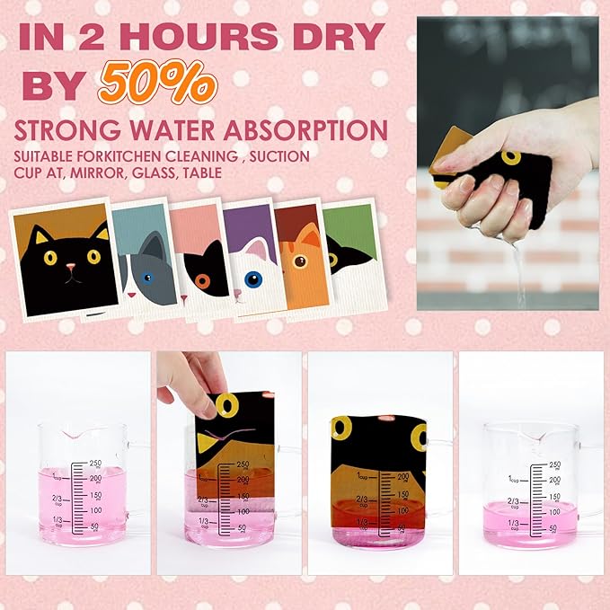Cute Cat Swedish Dish Clothes Pack of 6, Reusable, Absorbent Hand Towels for Kitchen, Bathroom and Cleaning Counters Cellulose Sponge Cloth